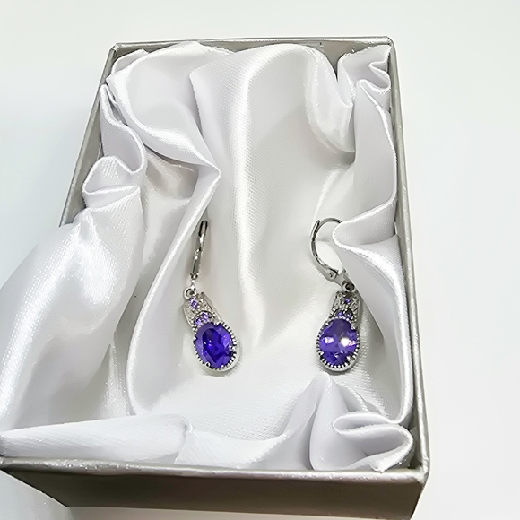 Elegant Simulated Blue Diamond Lever Back Earrings in Stainless Steel 6.90 ctw - Picture 3 of 3